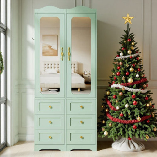 Winston Porter Armoire Wardrobe Closet & Wardrobe Cabinet With 6 Drawers And 2 Mirrors & With Hanging Rod & Sensor Lights | Wayfair
