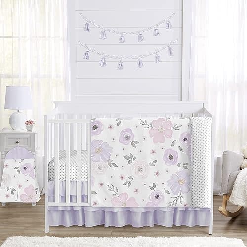 Sweet Jojo Designs 4-Piece Baby Crib Bedding Set (Purple/Grey Boho Floral) for Girls, Infants/Nursery incl. Blanket, Fitted Sheet, Skirt, Diaper Stacker (Watercolor, Polka Dot, Shabby Chic, Lavender)