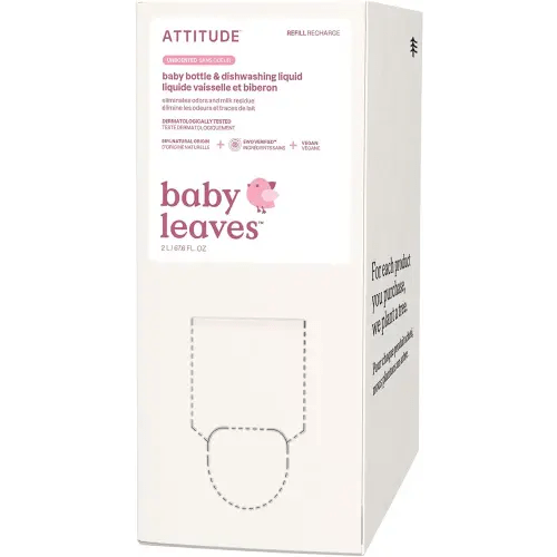ATTITUDE Baby Dish Soap and Bottle Cleaner, EWG Verified Dishwashing Liquid, No Added Dyes or Fragrances, Tough on Milk Residue and Grease, Vegan, Vegan, Unscented, Bulk Refill, 67.6 Fl Oz
