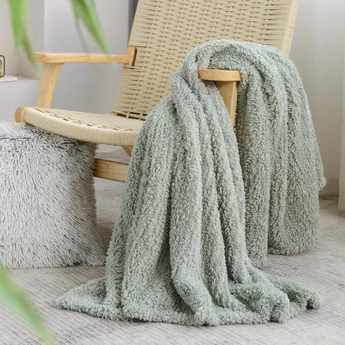 Ultra Soft Cozy Sherpa Throw Blanket, Light Weight Warm Decorative Boho Style Plush Throw Blanket Cover for Couch, Sofa, Bedroom,Travel, Outdoor, 50”x60”, Sage Green