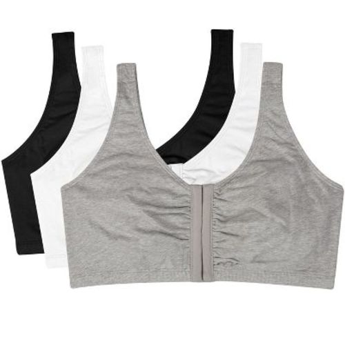 Fruit of the Loom womens Beyond Soft Front Closure Cotton Bra, 3-Pack Black/ White/Heather Grey 36