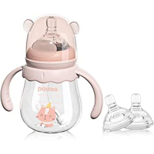 POTATO Glass Baby Bottles, Anti-Colic Breastfeeding Bottles with Medium Flow Nipple, Suitable for Babies 3-6 Months, 2 Replaceable Nipples, 6 oz, Pink