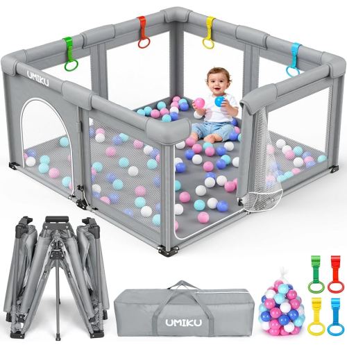 Baby Playpen Foldable Playpen for Babies and Toddlers, Large Playpens Portable Play Pen with 2 Doors Safety Area for Kid Fence Travel Indoor Outdoor Baby Boy Girl Gifts Newborn Essentials 50"X50" Grey