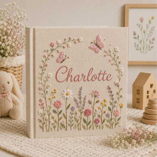 Custom Hand Embroidered Baby Photo Album, Floral Nursery Memory Book, Butterfly Wildflower Keepsake, Baby Shower Gift for Girls