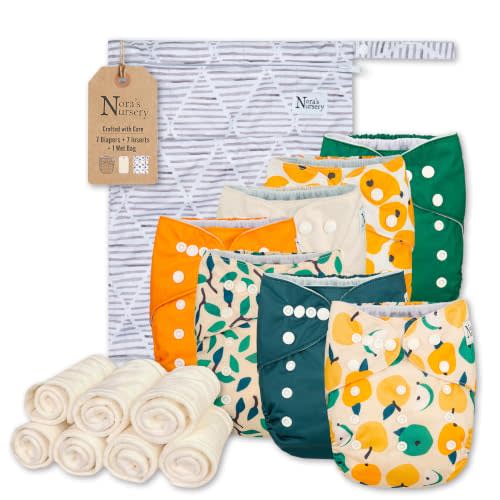 Nora's Nursery Cloth Diapers | 7 Pack | Waterproof,Reusable and Washable | One Size Adjustable Pocket Diapers | Includes 7 Inserts And 1 Wet Bag | For Newborns And Toddlers | Pearfect