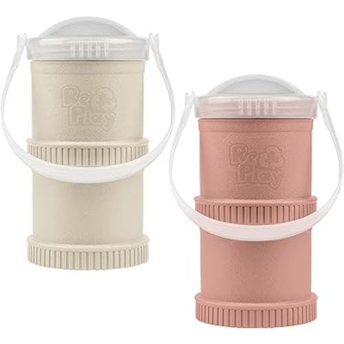 Re-Play Snack Stack Toddler Containers, 2 Sets - Stackable Cups with Travel Lid & Strap for On-the-Go, BPA-Free, Made in USA, Sand/Desert