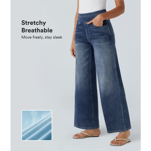 Halara Flex™ High Waisted Pockets Baggy Wide Leg Washed Casual Jeans