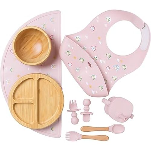 Bamboo & Silicone Baby Feeding Set 8 PCS | Baby Led Weaning Supplies Self Feeding | Divided Suction Plate Bowl Bib Sippy Cup with Straw Utensils Baby Bowls and Spoons Toddler Feeding Set (Pink)