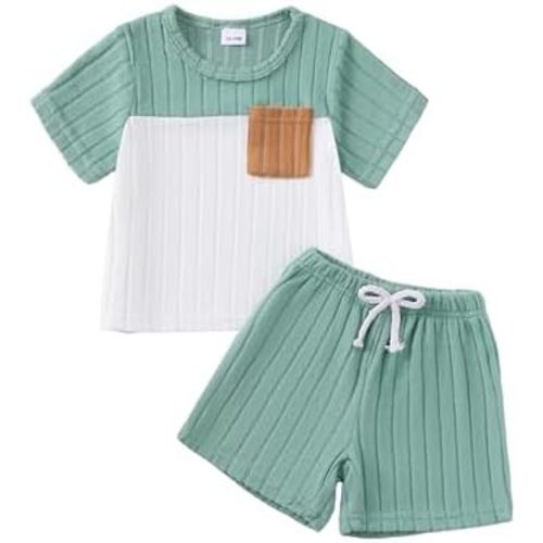 Renotemy Baby Boy Clothes Toddler Boys Summer Outfits Short Sleeve Pockets Patchwork T-Shirts Elastic Waist Shorts Set 12M-5T
