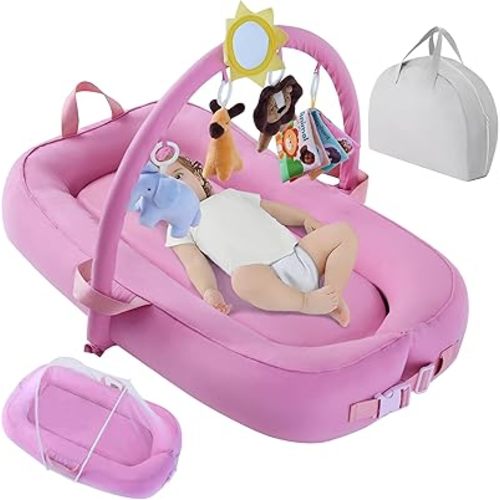 Portable Baby Lounger For Travel,Breathable & Comfortable 100% Cotton Infant Lounger, Baby Nest 0-24 months Machine-Washable Newborn Lounger,Newborn Essentials (Pink, Baby Lounger With Toys)