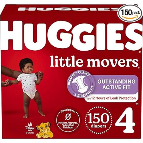 Huggies Size 4 Diapers, Little Movers Baby Diapers, Size 4 (22-37 lbs), 150 Count (6 Packs of 25), Packaging May Vary