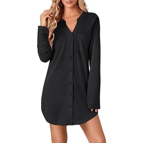 Vrtige Women's Striped Nightshirt Button Down Long Sleeve Nightdress Nightgown with Pocket