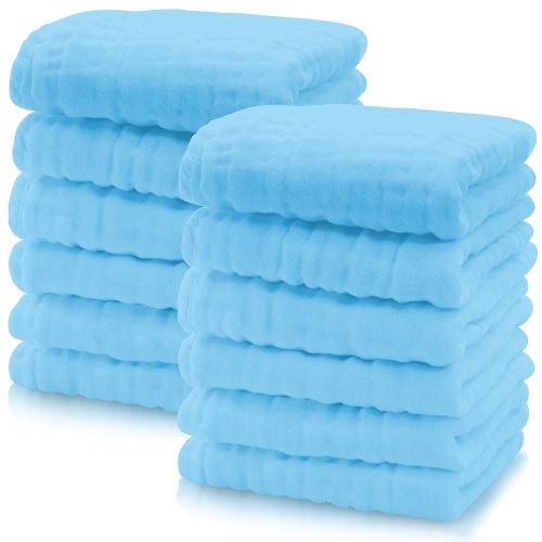 Cute Castle 12 Pack Muslin Baby Washcloths - Large 12'' by 12'' - Ultra Soft 100% Cotton - Super Absorbent Burp Cloths for Unisex, Boy, Girl -Aquamarine