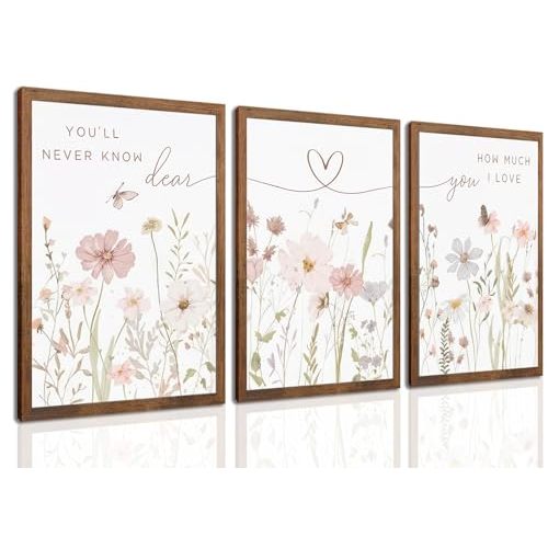 Rustic Floral Wall Art Set of 3, Watercolor Wildflower Prints with Heart Line and Inspirational Quotes Neutral Botanical Canvas Decor for Bedroom Living Room Nursery Home Decor 12x16 in Wood Framed