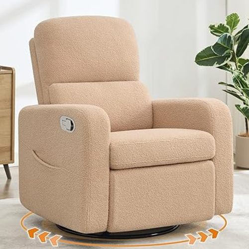 Swivel Rocker Recliner, Oversized Manual Boucle Nursery Glider Rocking Recliner Chair with Removable Cushion, Upholstered Swivel Reclining Chair for Nursery Living Room Bedroom,Teddy Camel