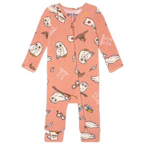 Harry Potter Baby Boy or Girl Zip Front Allover Print Sleep N Play Coverall Hedwig Rust 12 Months