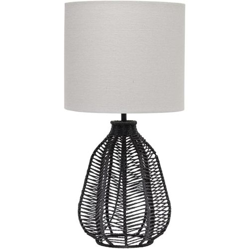 Elegant Designs LT2106-BLK 21" Tall Boho Coastal Inspired Rustic Paper Rope Rattan Wicker Look Standard Table Desk Nightstand Lamp with Light Gray Fabric Linen Shade, Black
