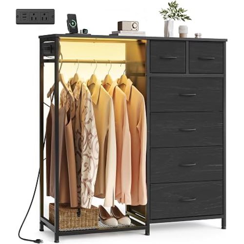 SONGMICS Dresser with Hanging Rod, Closet Organizer with 6 Fabric Drawers