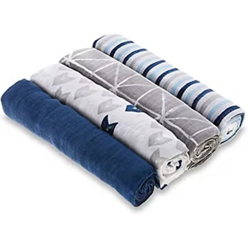aden + anais Essentials Muslin Swaddle Blankets, Newborn Receiving Blanket for Swaddling, 100% Cotton Baby Swaddle Wrap, 4 Pack, Denim Wash