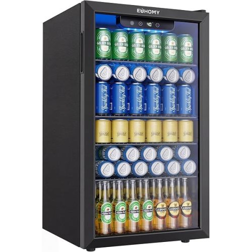 EUHOMY 130 Can Mini Fridge, Beverage Refrigerator with Glass Door, Black