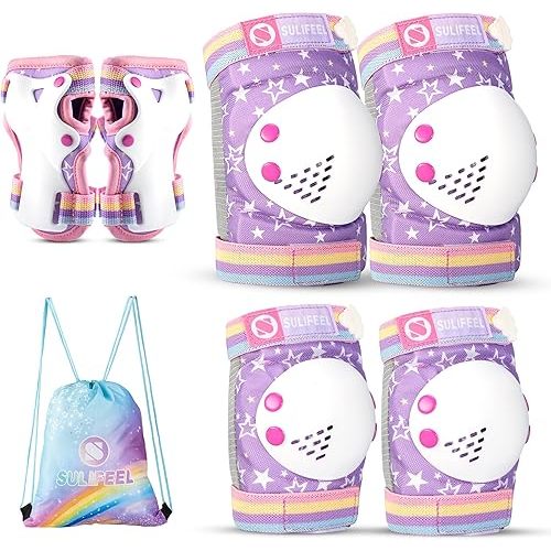 SULIFEEL Rainbow Unicorn Knee Pads for Kids Knee Elbow Pads Wrist Guards with Drawstring Bag Adjustable Protective Gear Set for Girls Roller Skating Bike Cycling Skateboard Scooter Purple Small