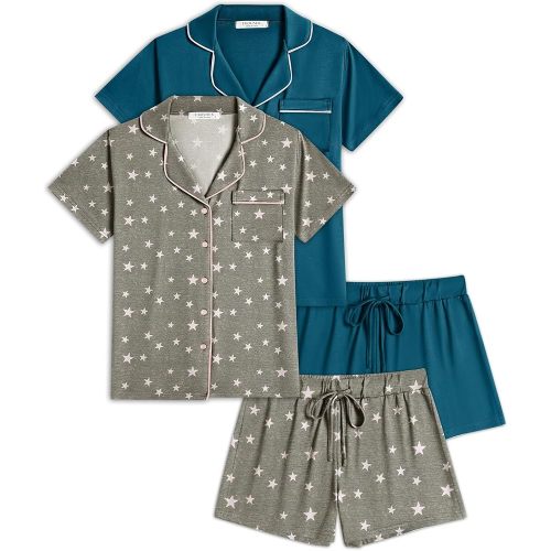 Ekouaer 2 Pack Womens Pajamas Set Button Down Summer Sleepwear Short Sleeve Comfy Pjs Loungewear Set