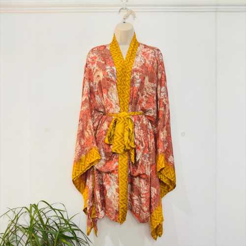 Recycled Silk Kimono Robe, Boho Loungewear, Plus Size, Handmade