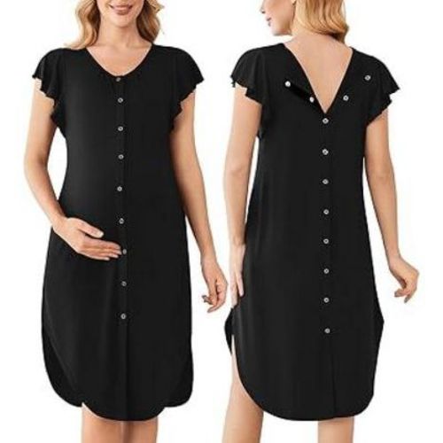 Ekouaer Labor and Delivery Gown 3 in 1 Nursing/Hospital/Breastfeeding/Maternity Flying Short Sleeve Nightgown with Button Black XL
