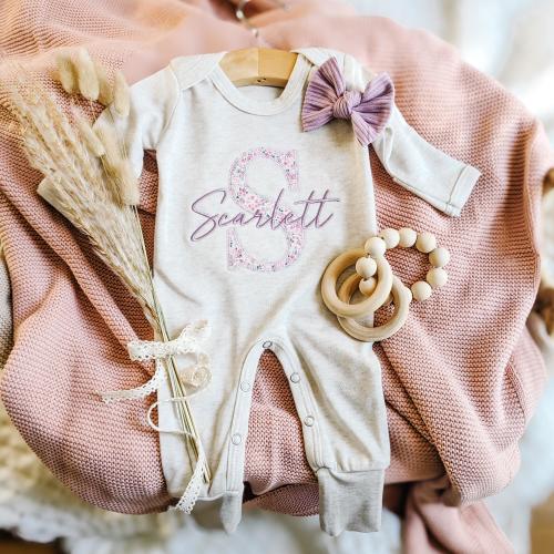 Personalized Floral Baby Girl Coming Home Outfit: Newborn Embroidered Romper & Bow Set