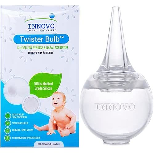Innovo Hospital Grade Silicone Twister Bulb Baby Ear Syringe and Nasal Aspirator, Sucks Snot and Mucus, Nasal Bulb Ear Syringe, Cleanable and Reusable Clear White
