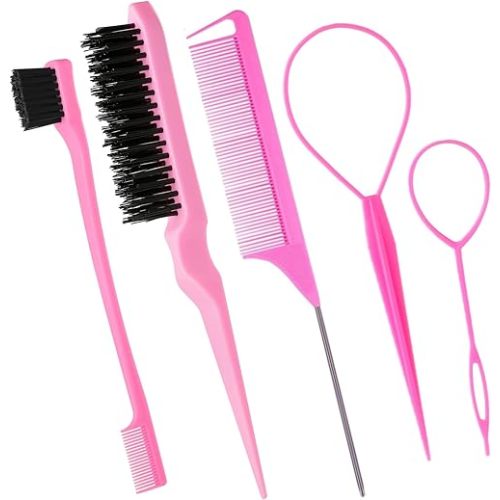 5Pcs Slick Back Brush Set with Topsy Tail Tool, Teasing Bristle, Rat Comb for Women & Girls Hair Styling, Flyaways Control and Edge Combing - Pink