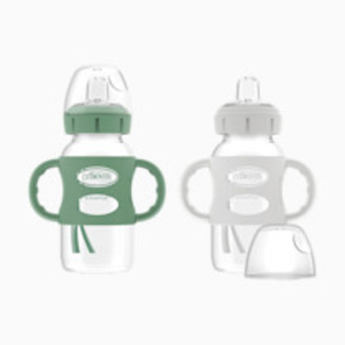 Dr. Brown's Wide-Neck Sippy Spout Bottle with Silicone Handles (2 Pack) - Green & Grey, 9 Oz, 2