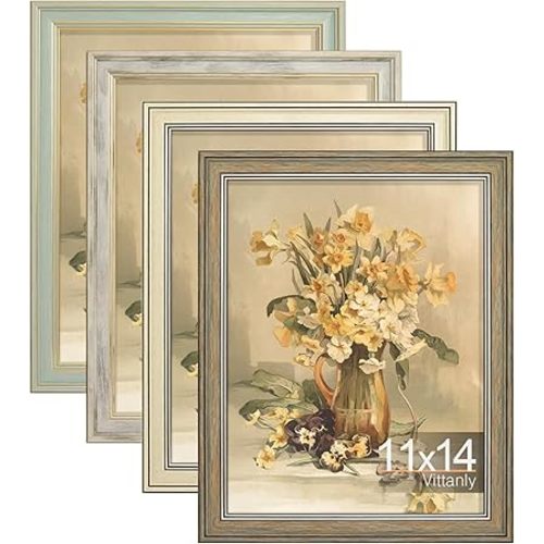 Vittanly 11x14 Picture Frame Set of 4, Vintage Photo Frame for Wall Mount, Display 8x10 Pictures with Mat or 11x14 without Mat, Rustic Farmhouse Home Decor, Multicolour