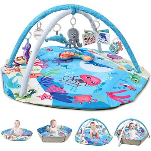 Baby Gym Play Mat, 8-in-1 Tummy Time Mat with Detachable Sensory Toys