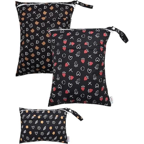 ALVABABY 3 Cloth Diaper Wet Dry Bags Waterproof Reusable with Two Zippered Pockets Travel Beach Pool Daycare Soiled Baby Items Yoga Gym Bag for Swimsuits or Wet Clothes Small Medium Large 3L-SML10