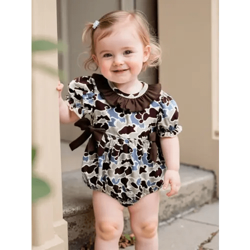 stylish girl's camo print bodysuit bow detail soft short - Temu