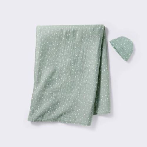 Hospital Muslin Swaddle And Hat Gift Set - 2ct - Green - Cloud Island™