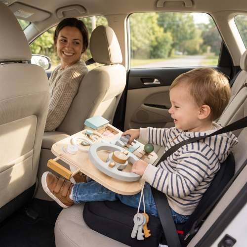 Wooden Steering Wheel Busy Board – Toddler Pretend Driving Toy
