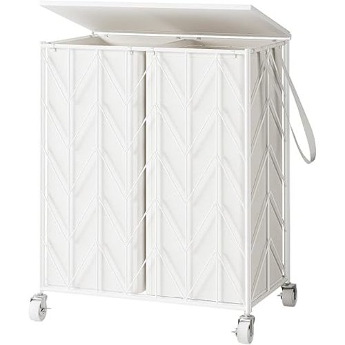 WOWLIVE Laundry Basket with Wheels, Heavy Duty Laundry Hamper with Wood Lid, Clothes Hamper with Divided Removable Liner Bag, Large Capacity Iron-Made Laundry Sorter Laundry Room Organization (White)