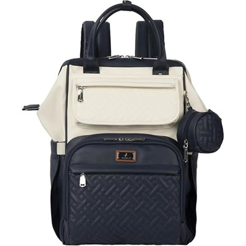 BabbleRoo Leather Diaper Bag Backpack, Multifunction Large Bags with Changing Pad & Stroller Straps Pacifier Case, Unisex Stylish Travel Back Pack Nappy for Moms Dads (Blueberry Cream)