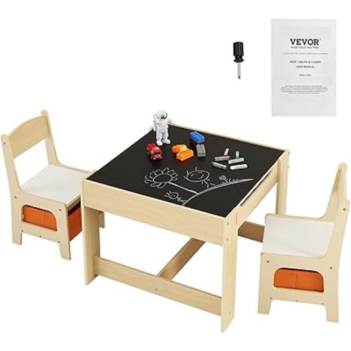 VEVOR Kids Table and Chairs, Toddler Table and Chair Set, Children Wooden Multi-Activity Table for Play, Art, Craft, Reading, Learning, Eating, 1 Table and 2 Chairs