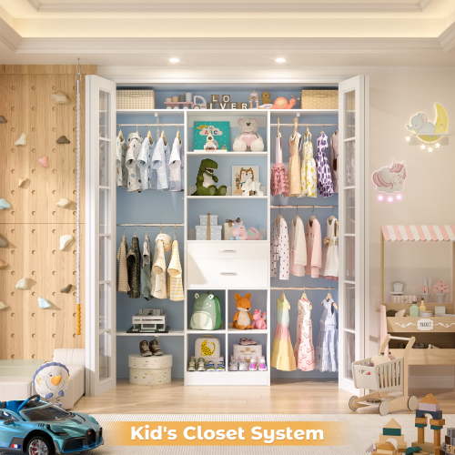 Homieasy 4FT Small Closet System, Baby Closet Organizer System with Wooden Drawers, 60 Inches Walk in Closet System with 5 Hanging Rods and 3 Reversible Hanging Shelving, White