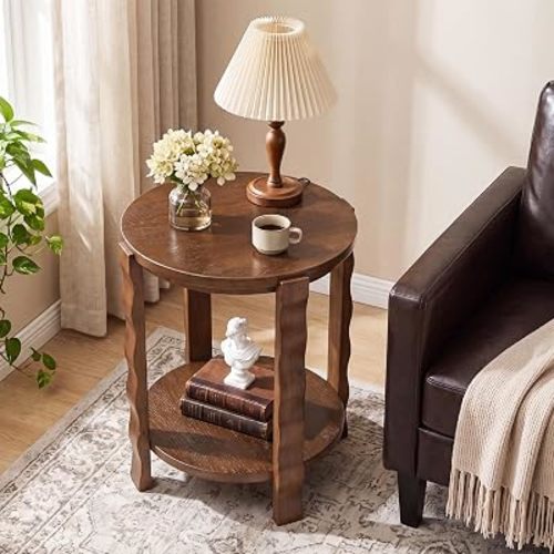 2-Tier Round Side Table, Wood End Table with Storage, Brown