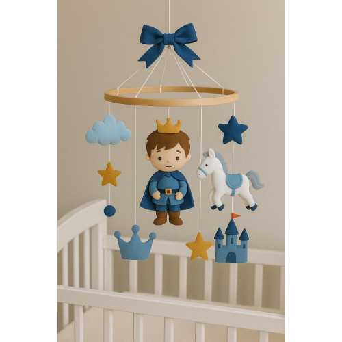 Felt Prince Baby Mobile | Royal Nursery Decor | Handmade Crib Mobile with Horse, Castle, and Stars | Blue Baby Boy Shower Gift