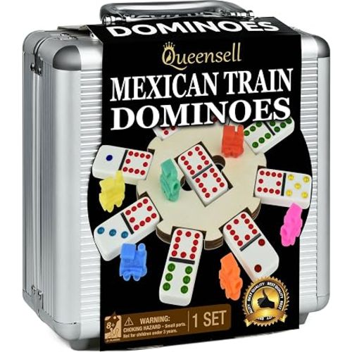 Queensell Mexican Train Dominoes Set with Wooden Hub, Domino Tile Board Games - Double 12 Dominos Set for Family Game Night for Adults and Kids Ages 8 and up (Double 12)