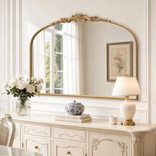 Micasso Bow Gold Wall Mirror: 40"x29" Large Vintage Arched Vanity Mirror