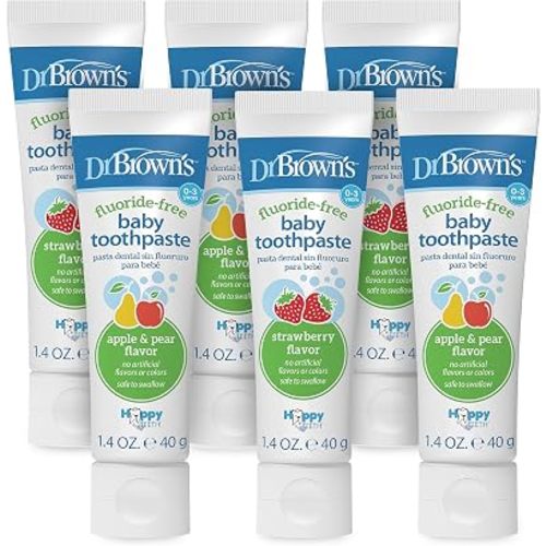 Dr. Brown's Baby Toothpaste, Toddlers and Kids Love, Fluoride Free, Made in The USA, 0-3 Years, 1.4oz, 6 Pack, Strawberry and Apple Pear Flavors