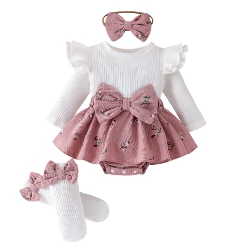 Giraropa Newborn Baby Girl Winter Clothes Ruffle Long Sleeve Romper Dress + Socks + Headband Cute Baby Girl Fall Outfits