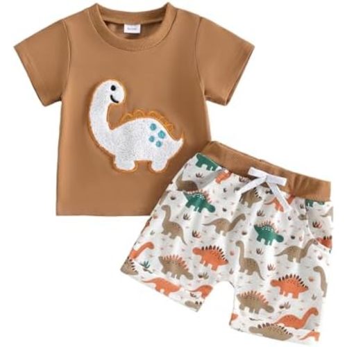 Lamuusaa Infant Baby Boy Dinosaur Outfit Short Sleeve Dinosaur Embroidery T-shirt Jogger Shorts Toddler Summer Clothes