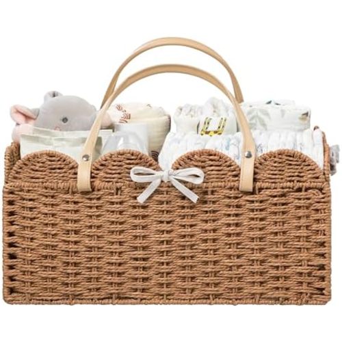 HBlife Large Baby Diaper Caddy, Paper Rope Storage Baskets Nursery Bin with Removable Divider, Portable Car Organizer for Diapers, Baby Shower Gifts, Newborn Essentials Must Haves